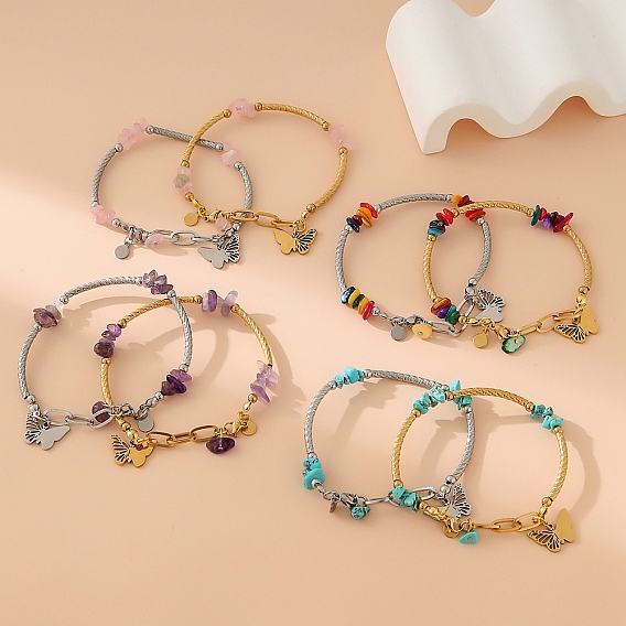 Браслеты из нержавеющей стали с бусинами для женщин, с подвеской, бабочка