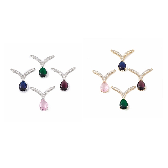 Rack Plating Brass Micro Pave Cubic Zirconia 2-Loop Pendants, Teardrop & V-shape Charm, with Glass, Cadmium Free & Lead Free, Long-Lasting Plated