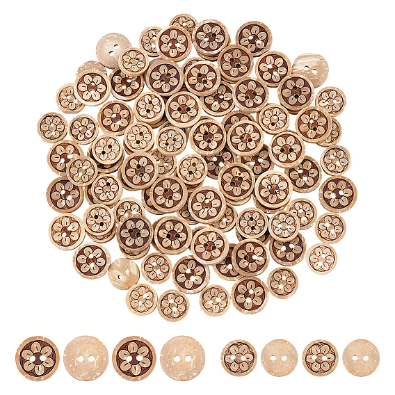 100шт. 2 стили натуральных кокосовых пуговиц, 2-луночное, плоские круглые с цветочным узором