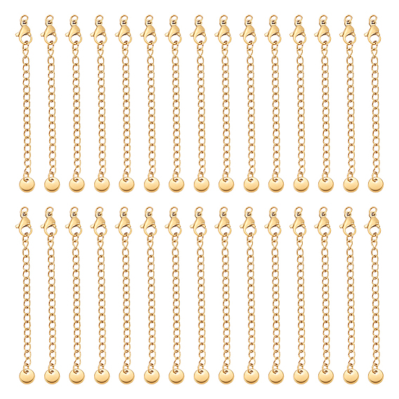 30Pcs 304 Stainless Steel Curb Chain Extender, End Chains with Lobster Claw Clasps and Flat Round Chain Tabs