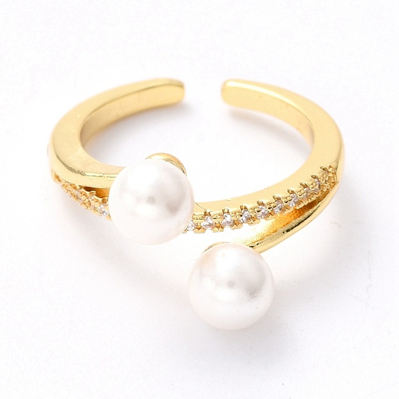 Brass Micro Pave Clear Cubic Zirconia Cuff Rings, Open Rings, with Shell Pearl Round Beads, Long-Lasting Plated
