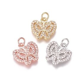 Brass Micro Pave Clear Cubic Zirconia Charms, with Jump Rings, Butterfly