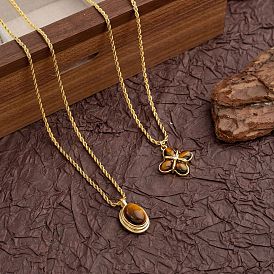 304 Подвеска из нержавеющей стали с натуральным тигровым глазом, цепочка-веревка, ожерелье для мужчин и женщин, золотые