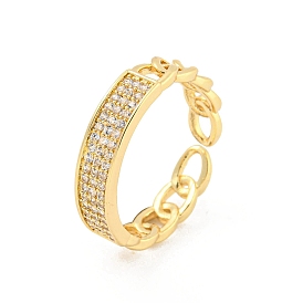 Oval Chain Brass Micro Pave Clear Cubic Zirconia Open Cuff Rings, Long-Lasting Plated