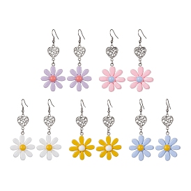 Resin Flower & Alloy Heart Dangle Earrings with 304 Stainless Steel Pins
