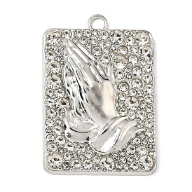 Alloy Rhinestone Pendants, Rectangle with Praying Hands Charms