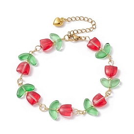 Glass Tulip Flower Beaded Bracelet with 304 Stainless Steel Clasps