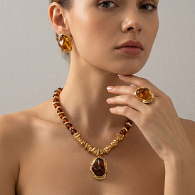 Oval Alloy & Resin & CCB Plastic Stud Earrings & Pendant Necklaces & Rings Sets for Women, Golden