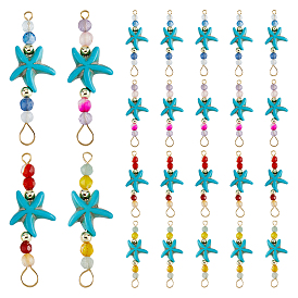 24 шт. 4 цвета летние пляжные окрашенные синтетические бирюзовые морские звезды и натуральные смешанные камни ограненные круглые бусины соединительные подвески, с 304 двойными петлями из нержавеющей стали, золотые