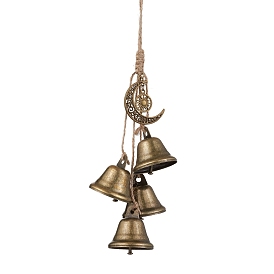 Iron Bell Pendant Decoration, Alloy Moon Sun and Jute Cord for Home Door Hanging Ornaments