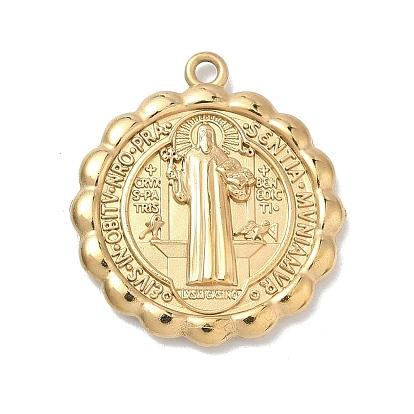 304 Stainless Steel Pendants, Flower with Saint Benedict Pattern Charm, PVD Vacuum Plating