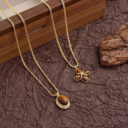 304 Подвеска из нержавеющей стали с натуральным тигровым глазом, цепочка-веревка, ожерелье для мужчин и женщин, золотые