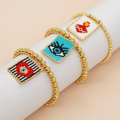 Браслеты с подвесками из стеклянных бусин ручной работы, латунные круглые бусины плетеные браслеты из бисера для женщин, прямоугольные