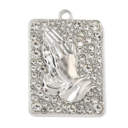 Alloy Rhinestone Pendants, Rectangle with Praying Hands Charms