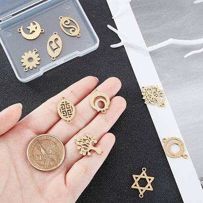 SUNNYCLUE 10Pcs 10 Style 201 Stainless Steel Link Connectors, Textured, Laser Cut, Moon & Flower & Oval & Hexagram & Tree of Life & Star