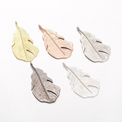 Feather Alloy Pendants, 48x26x2mm, Hole: 2mm