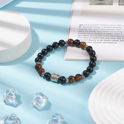 Bracelet extensible en perles rondes en bois et œil de tigre naturel avec tête de bouddha en alliage, bijoux en pierres précieuses pour femmes