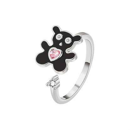Enamel Bear Rotatable Open Cuff Rings for Women, Brass Rhinestone Fidget Spinner Rings for Calming Worry Meditation