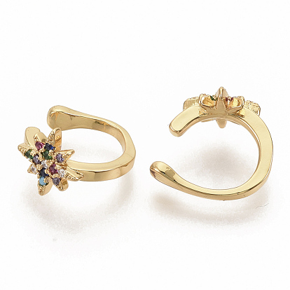Brass Micro Pave Colorful Cubic Zirconia Cuff Earrings, Flower, Real 16K Gold Plated