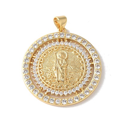 Латунные микропаве прозрачные подвески с фианитом, плоские круглые с святым Бенедиктом, без кадмия и без свинца