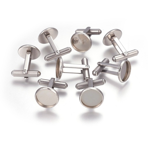 201 Stainless Steel Cuff Settings, Cufflink Finding Cabochon Settings for Apparel Accessorie, Flat Round