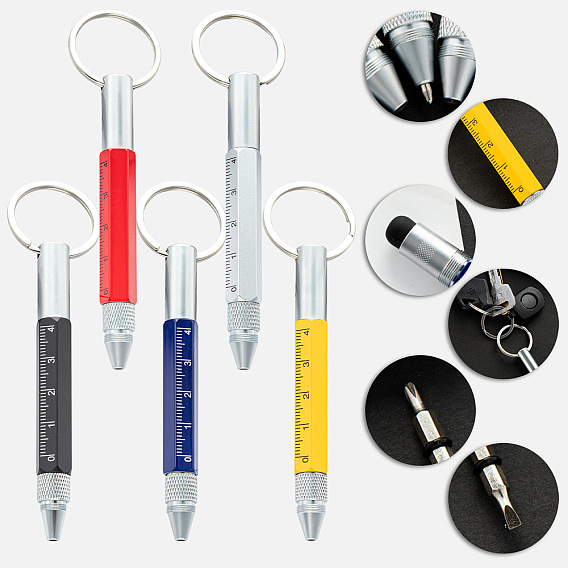Алюминиевая практичная ручка-брелок 6-в-1, многофункциональная шариковая ручка, ручка со шкалой, с железным кольцом для ключей и застежкой