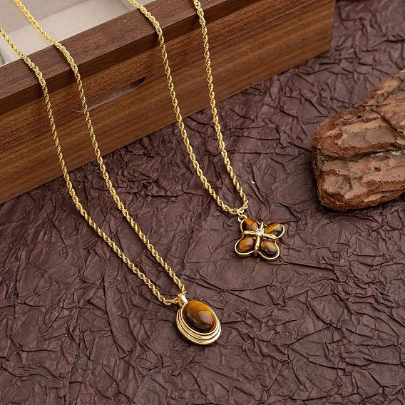 304 Подвеска из нержавеющей стали с натуральным тигровым глазом, цепочка-веревка, ожерелье для мужчин и женщин, золотые