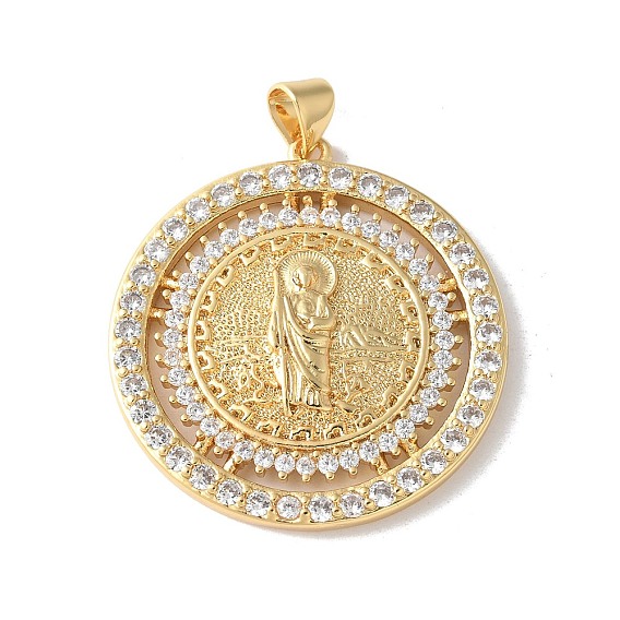 Латунные микропаве прозрачные подвески с фианитом, плоские круглые с святым Бенедиктом, без кадмия и без свинца