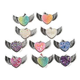 Eletroplated Natural Druzy Agate Pendants, Alloy Heart & Wing Charms, Platinum