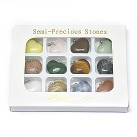 Natural & Synthetic Mixed Gemstone Pendants, with Platinum Tone Brass Findings, Heart
