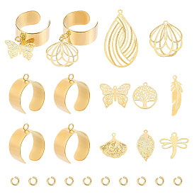 Набор для изготовления подвесок-открытого кольца своими руками на весеннюю тематику, включая компоненты кольца пальца манжеты из нержавеющей стали, лист и дерево и цветок и стрекоза 304 и 201 подвески из нержавеющей стали