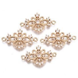 Brass Micro Pave Cubic Zirconia Links Connectors, with Glass, Long-Lasting Plated, Flower, Light Gold