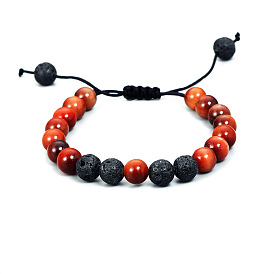 Natural Stone Tiger Eye Men's Adjustable Beaded Bracelet with Weave Design