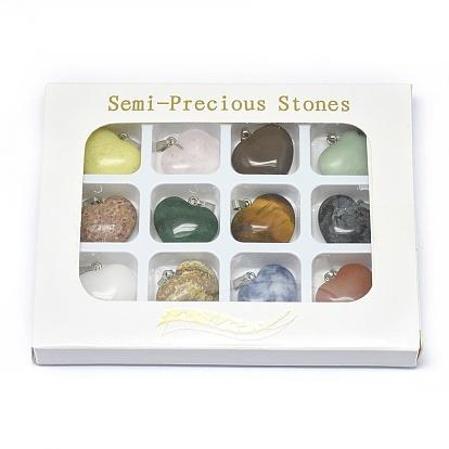 Natural & Synthetic Mixed Gemstone Pendants, with Platinum Tone Brass Findings, Heart