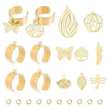 Набор для изготовления подвесок-открытого кольца своими руками на весеннюю тематику, включая компоненты кольца пальца манжеты из нержавеющей стали, лист и дерево и цветок и стрекоза 304 и 201 подвески из нержавеющей стали