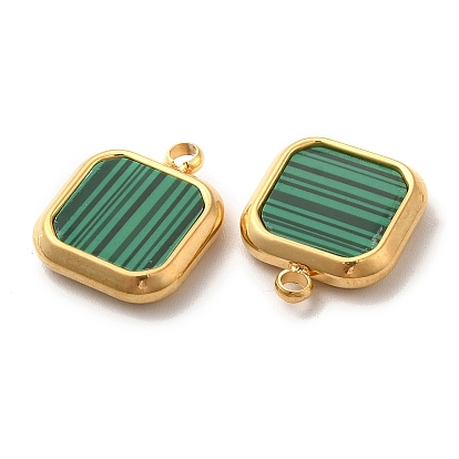 Synthetic Malachite Square Charms, with Vacuum Plating 304 Stainless Steel Findings