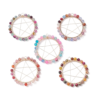 Natural Agate Dyed & Heated Faceted Round Beaded Pendants, Copper Wire Wrapped Pentagram Charms