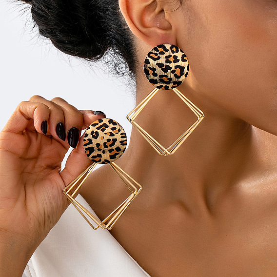 Серьги-гвоздики из железного сплава, квадратный с леопардовым принтом плоский круглый