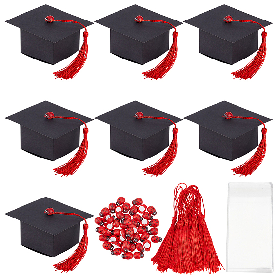 Подарочные наборы из бумажных коробок в форме выпускного колпачка, в том числе деревянные кабошоны, целлофановые пакеты