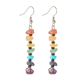 Natural & Synthetic Mixed Gemstone Chip Beaded Dangle Earrings with Glass, 7 Chakra Brass Long Drop Earrings for Women