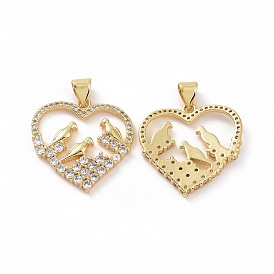 Brass Micro Pave Clear Cubic Zirconia Pendants, Heart with Bird