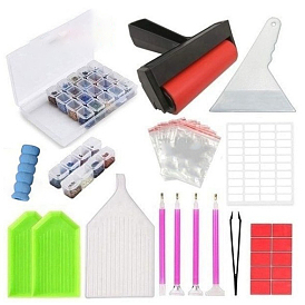 DIY Diamond Painting Tools Kit, including 1Pc 28-grids Storage Box, 1Pc Roller, 1Pc Scraper, 4Pcs Pen Grips, 50Pcs Zip Lock Bags, 1 Sheet Stickers, 3Pcs Trays, 4Pcs Pens, 1Pc Tweezer, 10Pcs Glue Clays