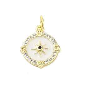 Brass Micro Pave Cubic Zirconia Pendants, with Enamel, Real 18K Gold Plated, Flat Round with Sun