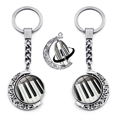 Double Sided Rotatable Moon Alloy Pendant Keychains, with Half Round with Electric Piano Glass Cabochons