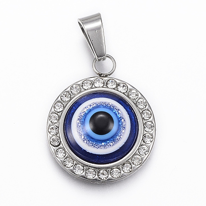 304 Stainless Steel Resin Pendants, with Rhinestone, Flat Round with Eye
