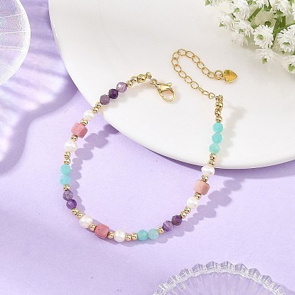 Natural Mixed Gemstone Faceted Round and Cube Beaded Bracelets with Natural Pearl & Brass End Chains, Golden