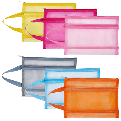6шт 6 цвета нейлоновая сетка сумка для ручек, портативная сумочка, дорожная сумка для хранения, с застежкой-молнией, прямоугольные