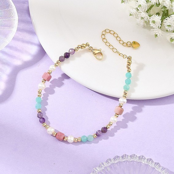 Natural Mixed Gemstone Faceted Round and Cube Beaded Bracelets with Natural Pearl & Brass End Chains, Golden