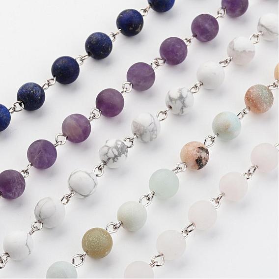 Handmade Natural Gemstone Beaded Chains, Unwelded, with Brass Eye Pin, Platinum