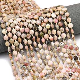 Натуральный розовый опал бусы пряди, граненый шестиугольный разрез, плоско-круглые, с бисером